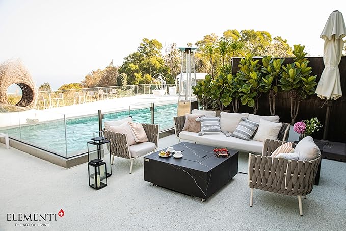 Elementi+ | Bundle Sofia Gas Fire Pit | Marble Porcelain & Metal Frame | 40" Square Fire Table | Electronic Ignition | Canvas Cover, Fire Glass & Burner Lid Included | Black | Propane Gas