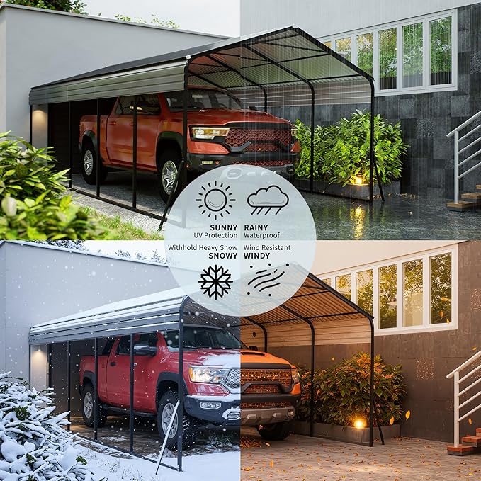 12x25 FT Heavy Duty Metal Carport with Galvanized Steel Frame & Roof, All-Weather Portable Car Garage Shelter, Metal Carports Garage for Cars, Trucks, Boats, Wind & Snow Resistant, Reinforced Base