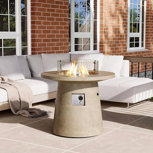 HOMPUS Outdoor Propane Fire Pit, 31-inch Round Gray Propane Fire Pit with 10 lbs Aqua Blue Fire Glass, 40000 BTU Gas Smokeless Fire Pit, Patio Concrete Fire Pit with Lava Rocks and Rain Cover