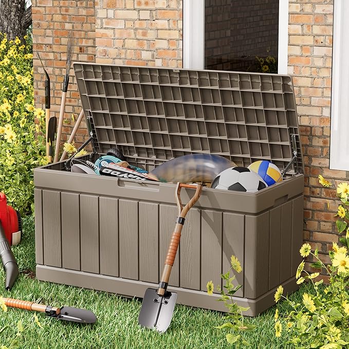 Greesum 82 Gallon Resin Deck Box All Weather Large Outdoor Storage for Patio Furniture, Toys, Garden Tools, Lockable, Light Coffee