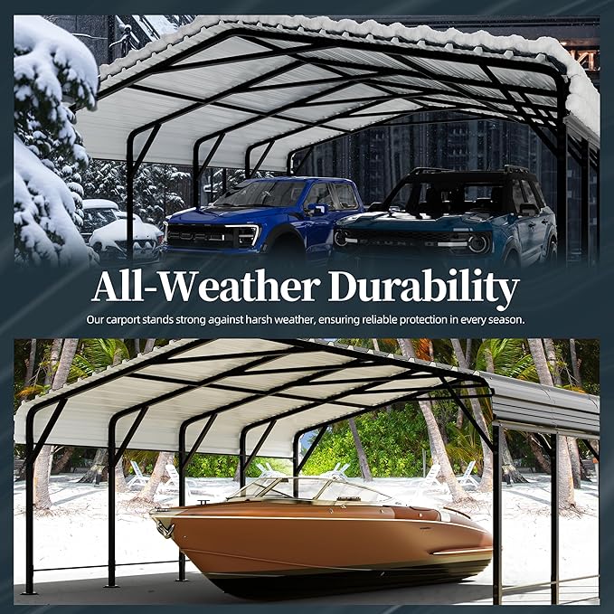 20'x20'x9.7' Metal Carport, Heavy Duty Metal Canopy with Galvanized Steel Roof and Frame, Bass Boat, Trucks, Car and Tractors, 20 * 20