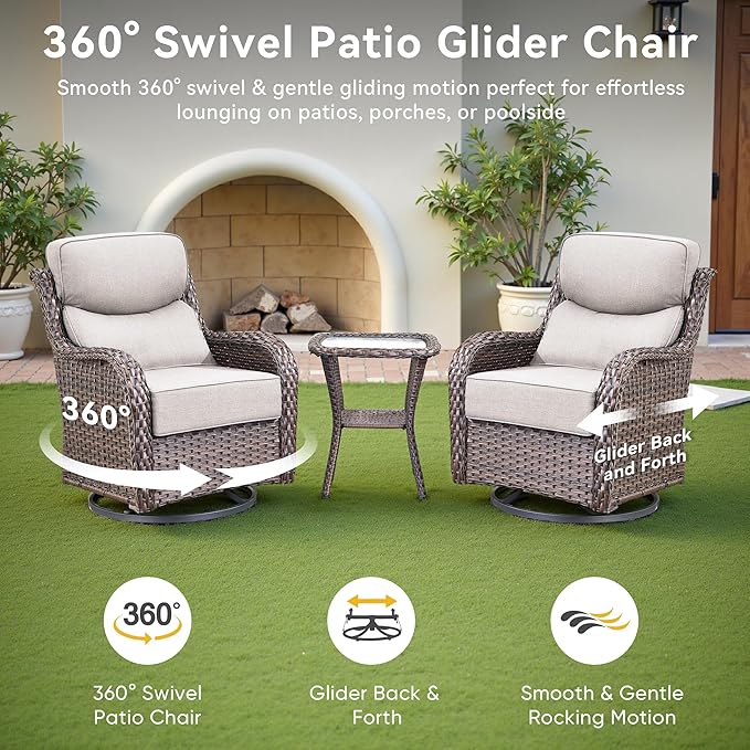 Luxury High Back Outdoor Swivel Rocker Patio Chairs with Side Table & 6-Inch Thick Cushions, 3 Pieces Patio Furniture Set for Porch, Balcony, Deck and Yard
