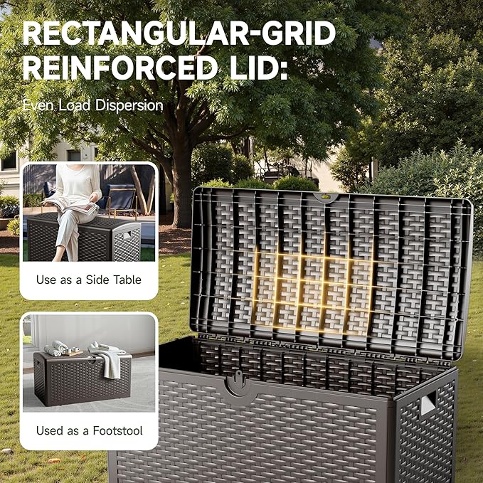 80 Gallon Deck Box, Double Layer Waterproof Resin Outdoor Indoor Storage Box, Lockable & UV Resistant Storage Bin for Patio Furniture, Garden Tools, Pool Accessories (Brown)