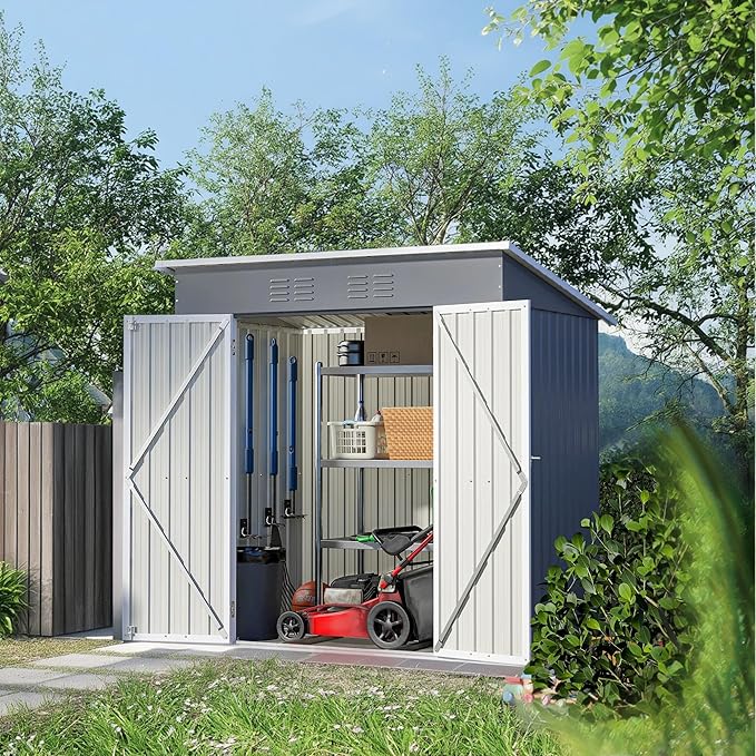6x4 FT Metal Outdoor Storage Shed with Floor Frame and 2 Air Vents, Lean to Storage Shed, Garden Tool Storage Cabinet for Backyard Patio Lawn, Gray