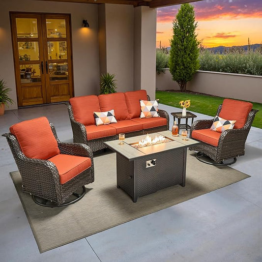 ovios 5 Pieces Patio Furniture Set, Outdoor Wicker Sofa Couch with Swivel Chairs 42" Fire Pit Table, All Weather High Back Modern Conversation Sets, Brown Rattan, Orange Red