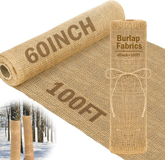 Buryeah 60 Inch x 100 ft Burlap Fabrics Roll Natural Jute Burlap Tree Wraps Protector Winter Frost Plant Blankets Cloth Weed Barrier Fabric Garden Plants for Winter Outdoor Trees Shrubs Party