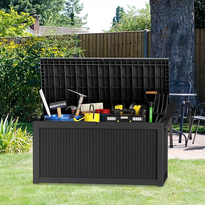 260 GallonOutdoor Storage Box,Resin Deck Boxes Waterproof, IndoorOutdoor Bin for Package Delivery, Patio Cushions, Gardening Tools, Lockable, UV Resistant
