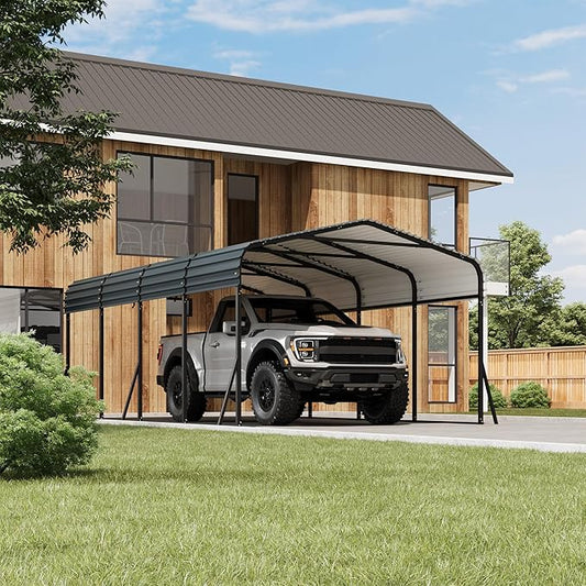 12' x 20' Heavy Duty Metal Carport with Galvanized Steel Roof, Metal Roof Carport with Enhanced Base, Tall Metal Carport Kits Garage for Tractors, Pickup, Boat, Car