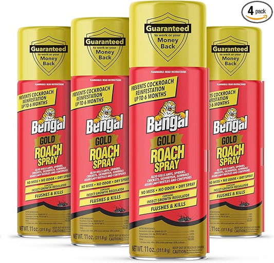 Bengal Gold Roach Spray - Odorless, Stain-Free Bug Spray for Home - Prevents Reinfestation for Up to 6 Months - 11 oz, 4 Pack