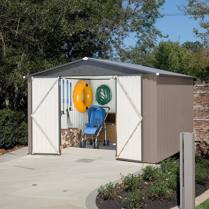 10X10 FT Outdoor Tool Storage Shed with Metal Foundation & Lockable Doors, All Weather Metal Sheds for Garden, Patio, Backyard, Lawn, Brown