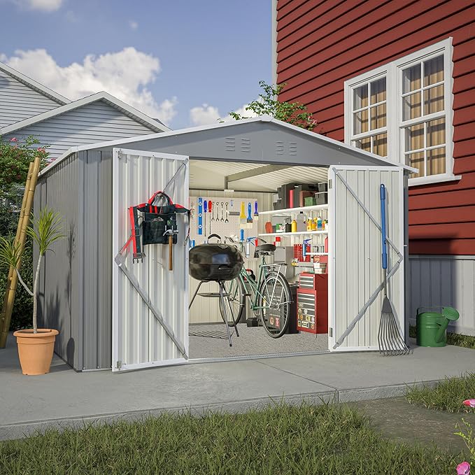10X8 FT Outdoor Storage Shed, All Weather Metal Sheds with Lockable Doors, Tool Shed for Garden, Patio, Backyard, Lawn (Grey, 10x8ft)