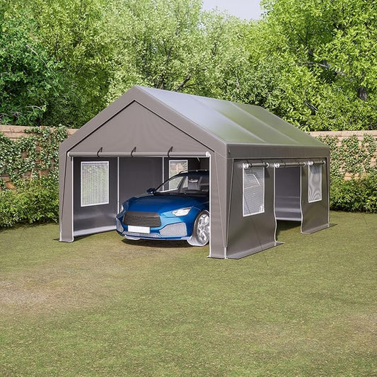 13x20 ft Carport Heavy Duty with Roll-up Sidewall and Ventilated Windows with Removable Sidewalls,Outdoor Portable Garage for Car,Truck,Boat,Car Canopy,Gray Carports
