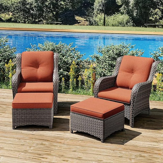 Joyside 4 Pieces Outdoor Patio Furniture Set Wicker Conversation Bistro Set 2 PE Wicker Patio with 2pcs Ottomans for Backyard, Porch, Balcony(Mixed Grey/Orange)