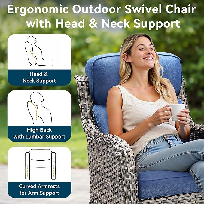 Luxury High Back Outdoor Swivel Rocker Patio Chairs with Side Table & 6-Inch Thick Cushions, 2 Pieces Patio Furniture Set for Porch, Balcony, Deck and Yard