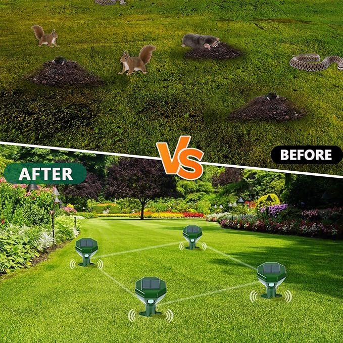 4 Pack-Solar Mole Repeller - Sonic Mole Repeller - Snake Repellent for Yard and Lawn Garden - Mole Repeller - Waterproof Ultrasonic Pest Control Outdoor Keep Mole Away from Yard Lawn (4)
