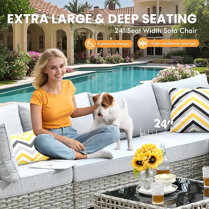 Outdoor Sectional Patio Furniture Set with Swivel Rocking Chairs,9 Pieces Wicker Conversation Sets L Shaped Couch Out Door Sofa Set Outside Furniture for Garden Deck Yard Porch,Grey
