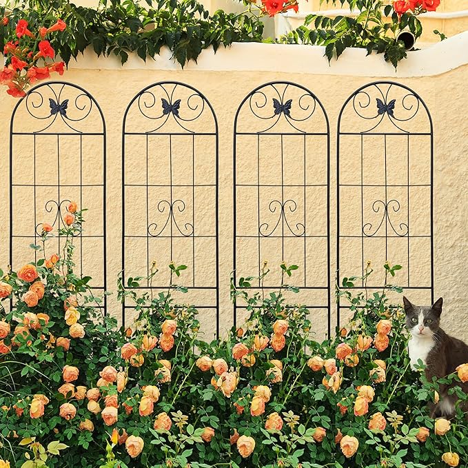 6 Pack Metal Garden Trellis 87" Tall for Climbing Plants Garden Fence Rustproof Outdoor Trellis Support Roses Flower Lawn, Black 7.2FT