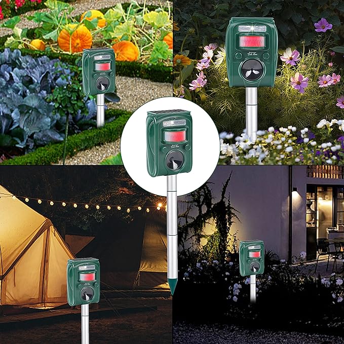 Lulu Home 2 Packs Ultrasonic Animal Repeller, Weatherproof Solar Powered Rodent Repeller with Motion Activated Flashing LED Light, Repel Dogs, Cat, Squirrels, Raccoon, Rabbit, Fox & More