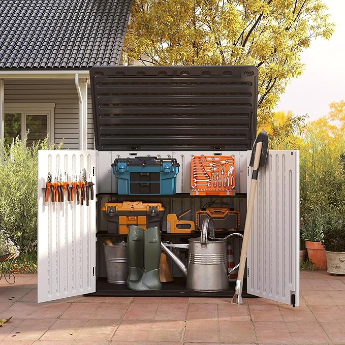 Vertical Resin Storage Shed with 2 Shelves, 47 Cuft Garden Tool Sheds & Outdoor Storage, Plastic Outdoor Storage Cabinet Waterproof, 4.5x2.8 ft Backyard Outside Lawn Mower Storage Shed, White