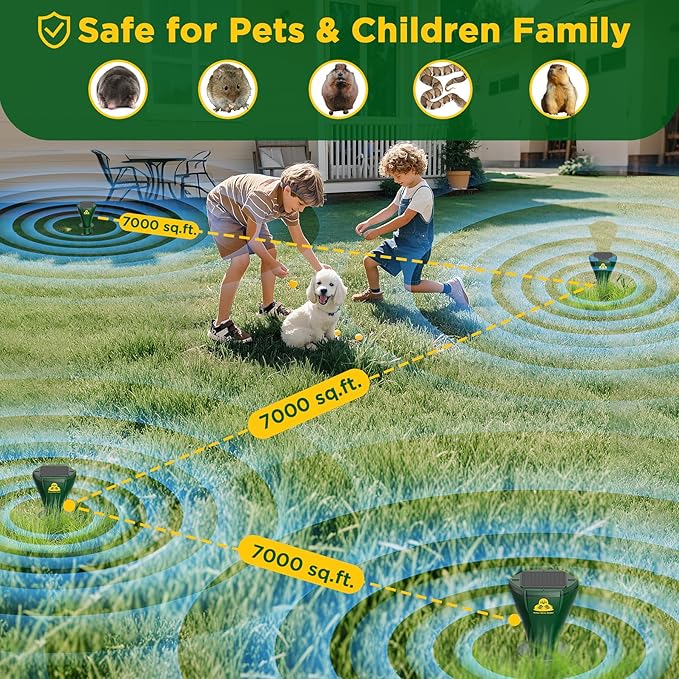 Mole Repellent Solar Powered 8 Pack, Snake Vole Repellent Outdoor, IP65 Waterproof Snake Deterrent Gopher, Waterproof Sonic Mole Spikes for Lawn and Garden, Get Rid of Moles, Groundhogs, and Rodents