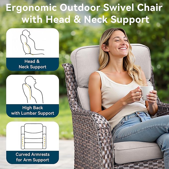 Luxury High Back Outdoor Furniture with 6-Inch Thick Cushions, Patio Furniture Set with Swivel Chairs, 6 PCS Wicker Conversation Set for Porch, Balcony, Deck and Yard