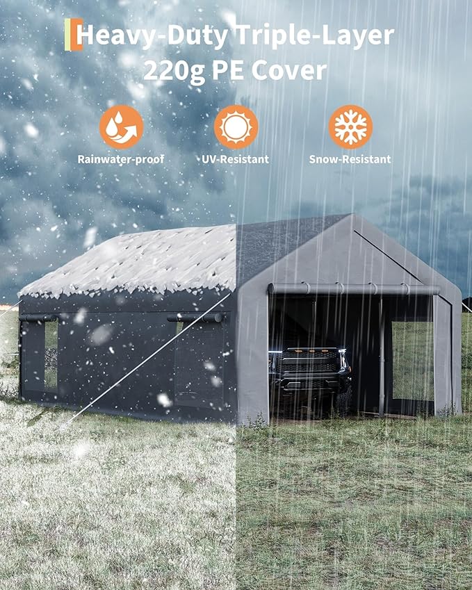 13x25 Ft Carport with 10 Sandbags, Car Port with 220g PE Tarp, 2 Roll-Up Doors, and 4 Windows, for Full-Size Pickups, Bass Boats, Tractors, and SUVs, Gray