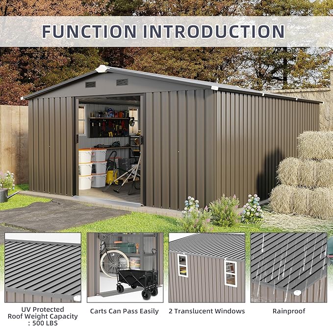 10 * 12ft Outdoor Storage Shed with 2 Windows and Vents - Metal Garden Tool Shed for Backyard, Patio, Lawn(Grey)