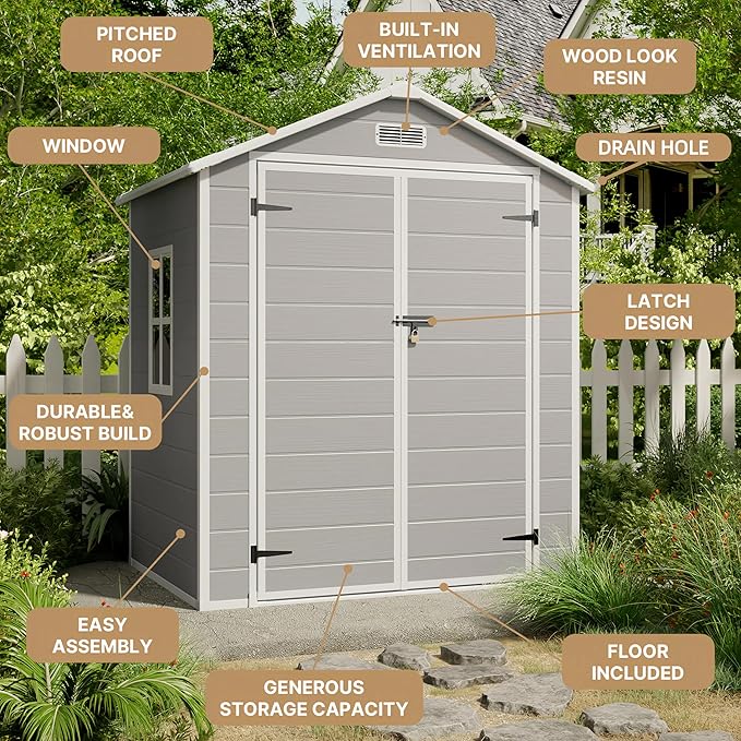 Gizoon 6x4.4 FT Resin Storage Shed Outdoor, Resin Shed with Floor, Garden Shed Weather Resistant Plastic Tool Shed with Lockable Door for Backyard, Garden, Patio, Lawn, Grey