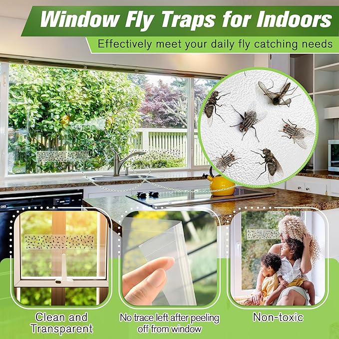 Qualirey 30 Pack XL Window Fly Traps for Indoors, Extra Large Fly Paper Sticky Strips, Waterproof & Non Toxic Clear Sticky Traps for Windows, Bug Catcher for House, Kitchen and Office (15"×3")