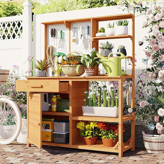 Fir Wood Potting Bench with Hutch - Outdoor Garden Workstation with 4 Shelves, Drawer & Adjustable Storage, 50.2" Countertop, & Pegboard (Natural + Wood + Rustic)