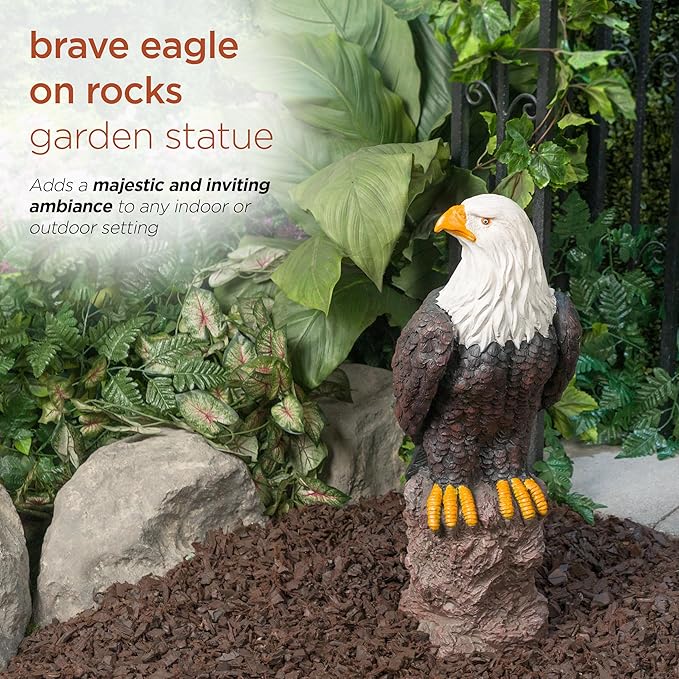 Alpine Corporation JUM582 27" Majestic Eagle on Rocks Garden Statue – Indoor Outdoor Patriotic Bird Sculpture, Durable Weather-Resistant MGO for Yard, Patio, Deck, Porch or Pathway