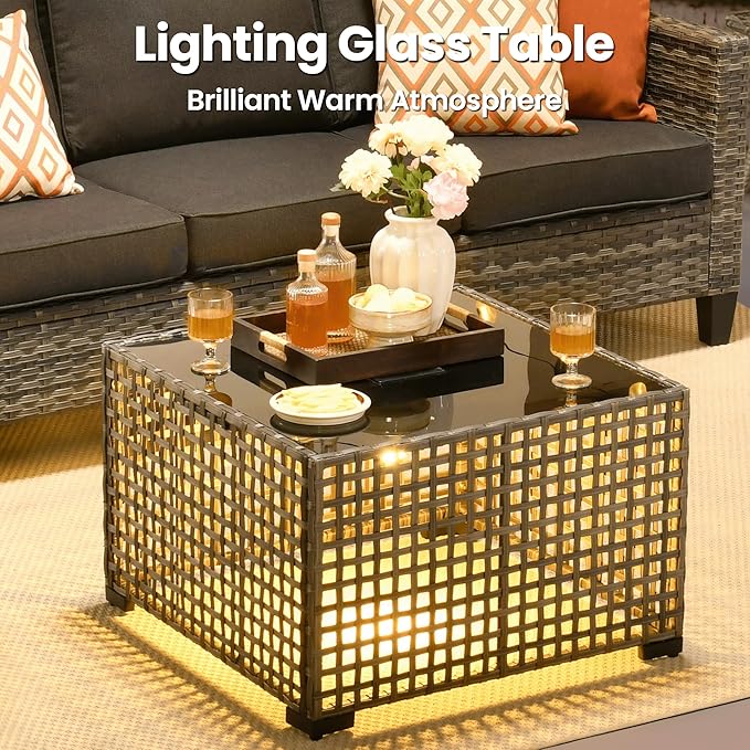 ovios 9 Pieces Patio Furniture Set, Outdoor Wicker Sofa Couch with Rocking Swivel Chairs Solar Lights Table, Modern Deep Seat Rattan Conversation Sets for Porch Deck, Black