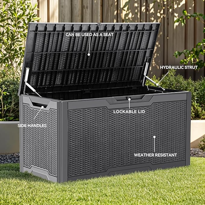 YITAHOME 100 Gallon Outdoor Storage Box, Large Water Resistant Resin Deck Box, Indoor Outdoor Lockable Storage Container for Patio, Garden, Cushions, Tools, Equipment (Dark Gray)