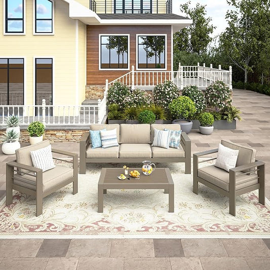 Wisteria Lane 4-Piece Outdoor Patio Furniture Set, Outdoor Sectional Furniture with Upgraded Cushions, Outdoor Conversation Seating Set for Balcony, Garden, Deck, Backyard, Khaki