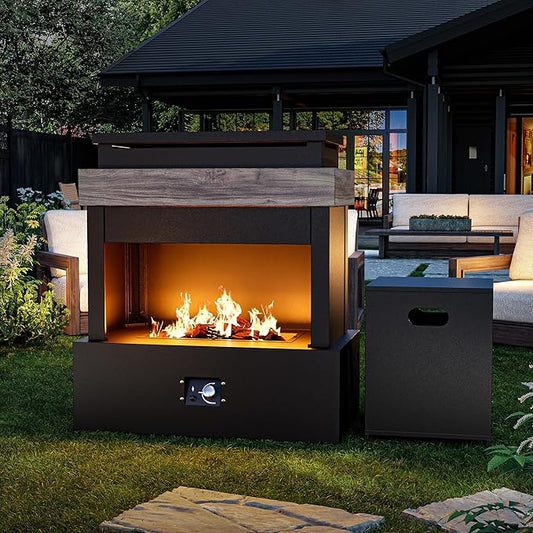 Outdoor Propane Fireplace w Tank Table, 50,000 BTU Gas Fire Pit with Ceramic Logs, Rain Cover, 35 Inch Steel Metal Smokeless Fireplace for Patio, Deck, CSA Certified (35 x 40 Inch)
