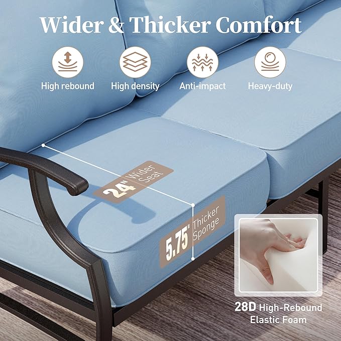 6 Piece Metal Outdoor Patio Furniture Set, Patio Conversation Sets 1 3-Seater Sofa, 4 Fixed Chairs with 5.75" Thick Cushion and Coffee Table, Backyard Furniture Set for Deck, Blue