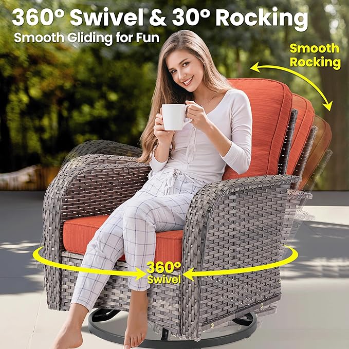 ovios 10 Pieces Patio Furniture Set, Outdoor Wicker Sofa Couch with Rocking Swivel Chairs Solar Lights Table Fire Pit, Modern Deep Seat Rattan Conversation Sets, Orange Red