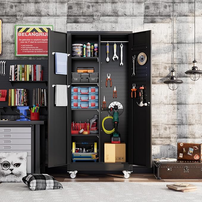 Broom Closet Storage Cabinet with Wheels and Pegboard,Metal Garage Storage Cabinet with Doors and Adjustable Shelves for Garage Home,Required Assembly,Black
