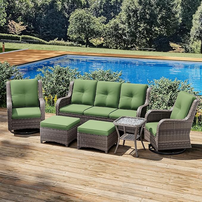 Joyside Wicker Patio Furniture Set 6 Piece Set with 1 Three-Seat Sofa, 2 Swivel Rocker Chairs, 2 Ottomans and 1 Side Table, Outdoor Furniture Patio Conversation Sets(Mixed Grey/Green)