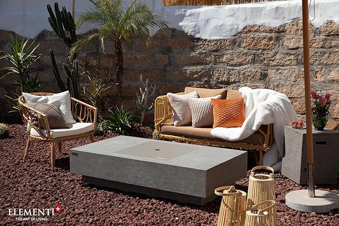 Elementi+ | Bundle Monte Carlo Gas Fire Pit Cast Concrete 60" Rectangular Fire Table | Electronic Ignition | Canvas Cover, Fire Glass and Burner Lid Included | Light Gray | Natural Gas