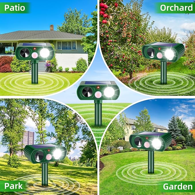4 Pack Squirrel Fortress Pro Solar Animal Repellent Ultrasonic Outdoor, Deer Repellent Devices with Motion Sensor & Flash Lights, Waterproof Raccoon Cat Dog Skunk Rabbit Deterrent for Yard Farm