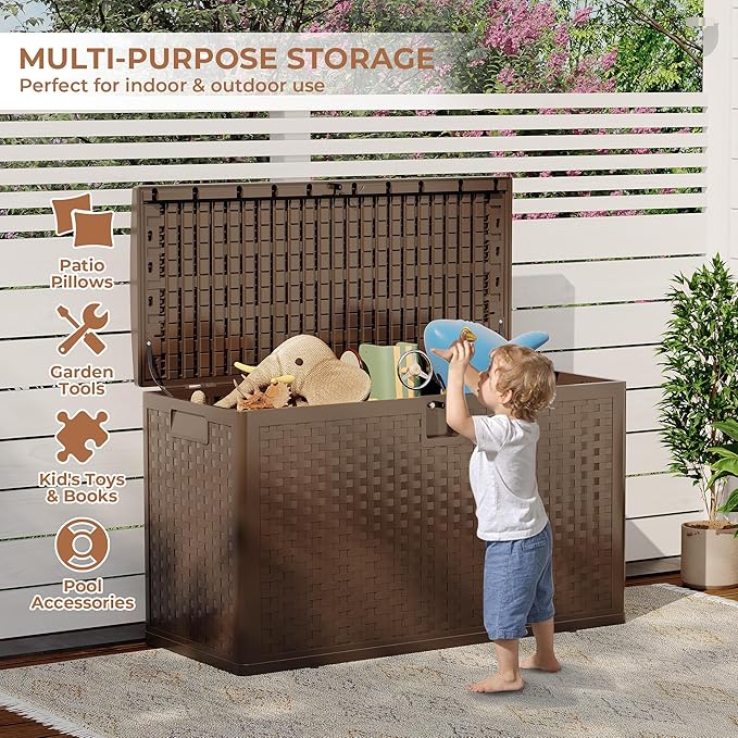 99Gallon Brown Resin Deck Box, Outdoor Storage Box Waterproof Lockable, Patio Deck Box For Package Delivery, Outside Storage Box Container for Furniture Cushions, Garden Tools, Pool Accessories
