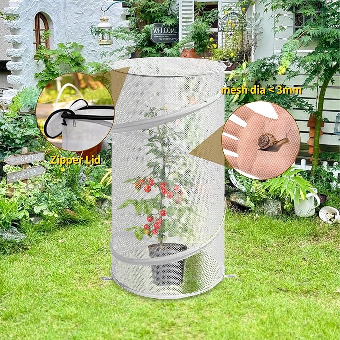 4 Pcs Pop-Up Insect Barrier Plant Cover Net - 19.6" x 11.8" Round Foldable Mesh Plants Enclosures, Garden Plant Protectors with Stakes & Carry Bag