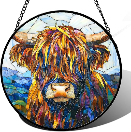 Stained Glass Window Hanging - Highland Cattle Suncatcher for Door Terrace Garden Home Decor Western Style Brown Cow Sun Catcher Birthday Gifts for Lovers Women Men Dad Mom Nana 15 in