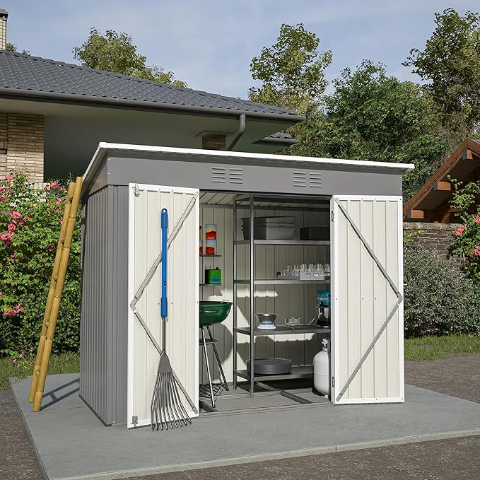 4x8 FT Lean to Outdoor Storage Shed with Floor,Metal Shed W/Lockable Door,All Weather Waterproof Garden Tool House W/ 2 Air Vents,for Backyard,Patio,Lawn,Garden,Gray