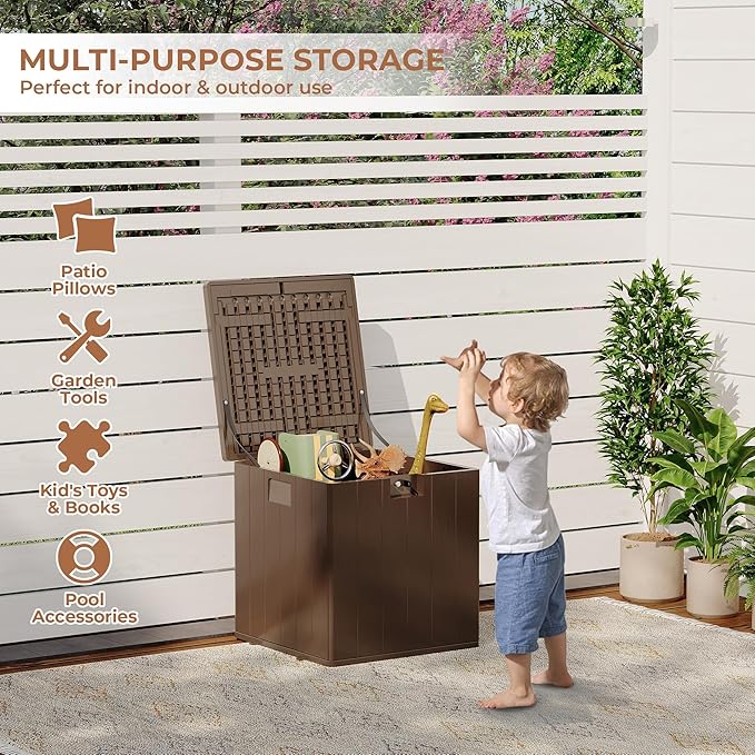 28Gallon Brown Resin Deck Box, Outdoor Storage Box Waterproof Lockable, Patio Square Deck Box For Package Delivery, Outside Storage Box Container for Furniture Cushions, Garden Tools, Pool Accessories