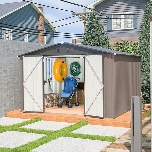 10X8 FT Outdoor Storage Shed, All Weather Metal Sheds with Lockable Doors, Tool Shed for Garden, Patio, Backyard, Lawn (Brown, 10x10ft)
