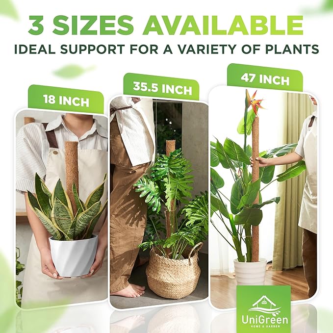UNIGREEN Premium Moss Pole, Coir Totem Poles for Indoor Plants, Moss Sticks, Garden Ties - Support and Train Creepers and Climbing Plants (4Pack 18'' (Stackable))