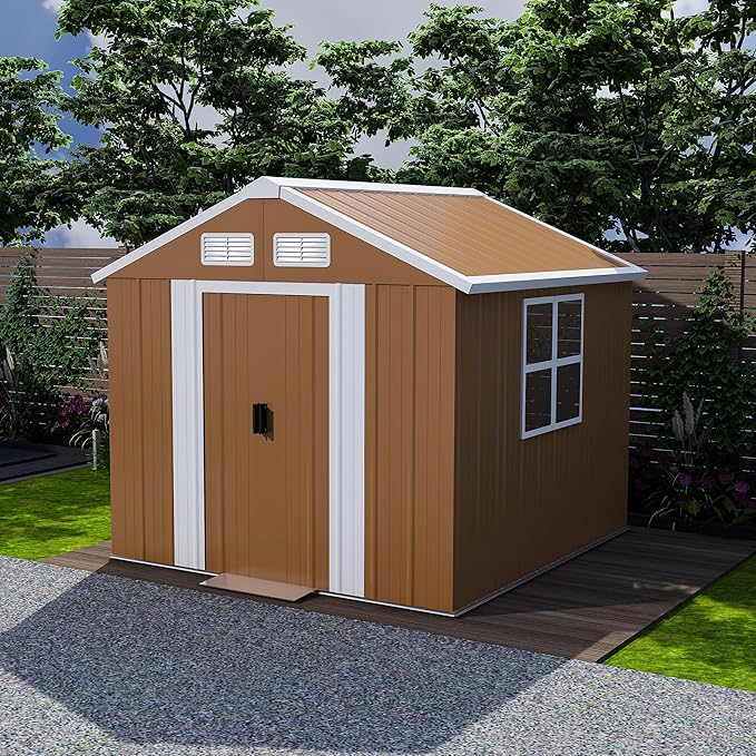 Outdoor Tool Shed 4x6 FT Heavy-Duty Metal Storage Shed with Lockable Door, Windows & Ventilation - Weather-Resistant Roof Garden Shed for Backyard, Patio, Lawn (Brown)