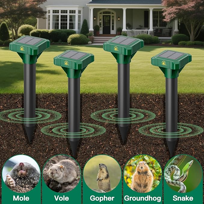 4 Pack Mole Repellent Solar Powered, IP65 Waterproof Gopher Chipmunk Repeller Outdoor, Groundhog Snake Repellent for Yard, Sonic Mole and Vole Deterrent Spikes, Effective Lawn and Garden Protection